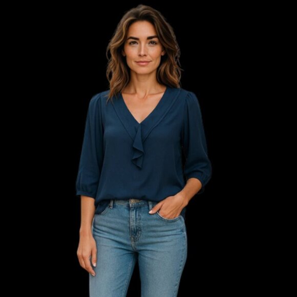 Ann Taylor Loft Women's Large Blouse Gray 3/4 Sleeve Faux Silk V-Neck Ruffle - Picture 2 of 5